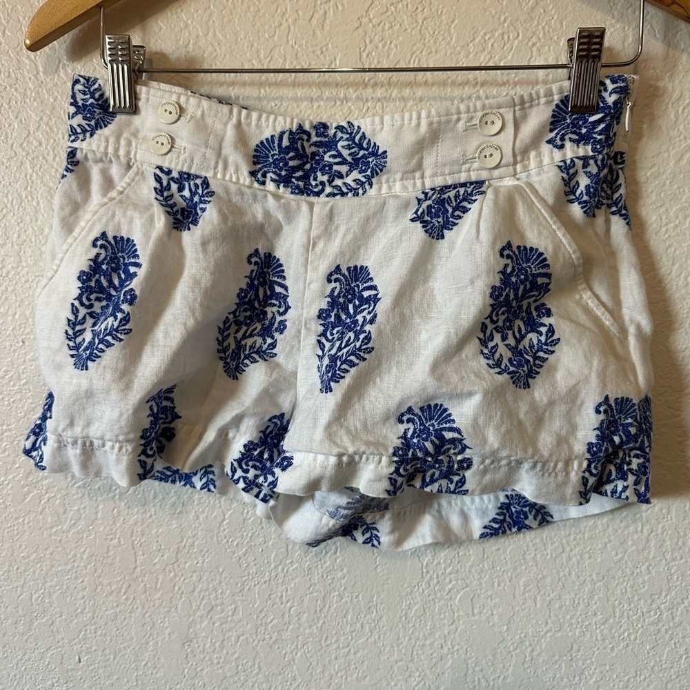 Vineyard Vines Ocean Reef Linen White & Blue Shell Fleur Short Shorts - Size 0